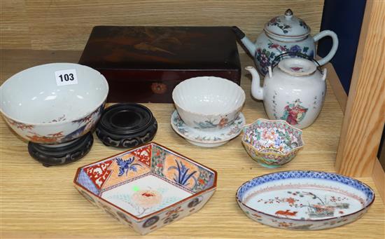 A late 18th century Chinese Imari small bowl, decorated with flowers, together with a group of assorted 18th century and later Chinese
